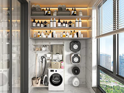 Organized Home Balcony With Washing Machine Storage Shelves Cleaning Supplies Vacuum Cleaner And Marble Walls 3d model