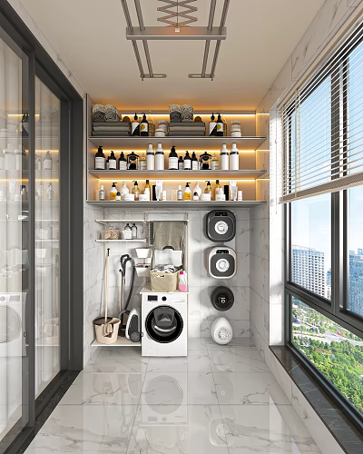 Organized Home Balcony With Washing Machine Storage Shelves Cleaning Supplies Vacuum Cleaner And Marble Walls 3d model