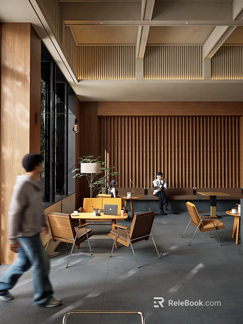 Warm Café Interior With Wooden Slat Walls Green Plants And Comfortable Seating 3d model 