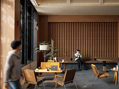 Warm Café Interior With Wooden Slat Walls Green Plants And Comfortable Seating 3d model