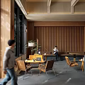 Warm Café Interior With Wooden Slat Walls Green Plants And Comfortable Seating