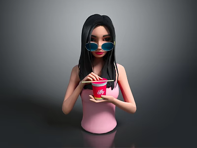 Woman In Pink Sleeveless Top Wearing Blue Sunglasses Holding Red Cup With Chopsticks 3d model