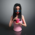 Woman In Pink Sleeveless Top Wearing Blue Sunglasses Holding Red Cup With Chopsticks
