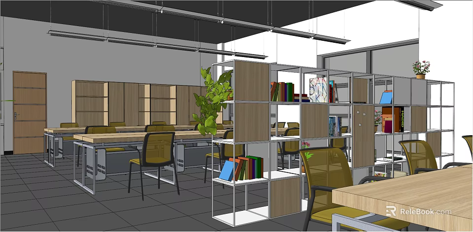Public Office Space With Open Layout Desks Green Plants And Bookshelves 3d model 