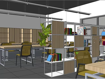 Public Office Space With Open Layout Desks Green Plants And Bookshelves 3d model