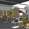 Public Office Space With Open Layout Desks Green Plants And Bookshelves