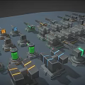 Various Weapon Models With Different Firearms And Green Orange Indicators Arranged On Gray Platform