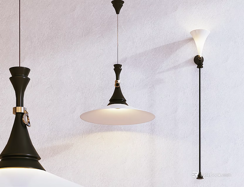Modern Pendant Lighting Fixtures With Black And White Shades Hanging In Interior Room 3d model 