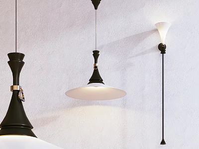 Modern Pendant Lighting Fixtures With Black And White Shades Hanging In Interior Room 3d model