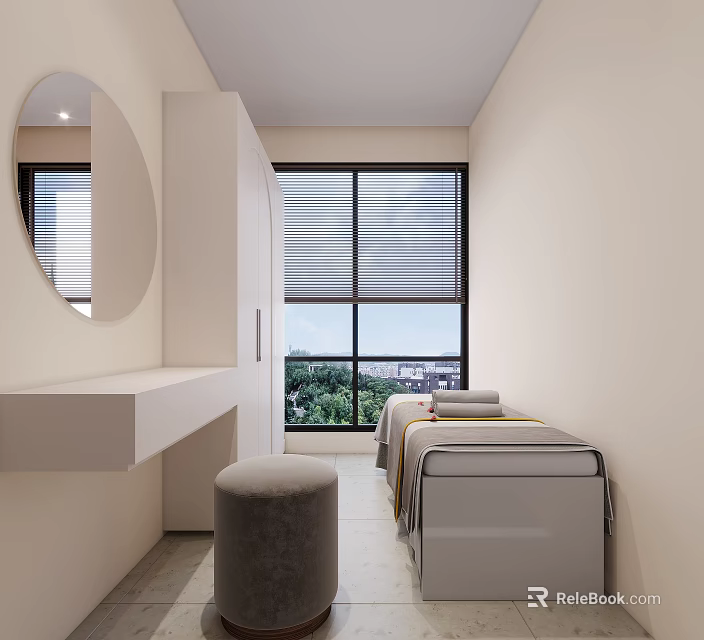 Spa Room With Massage Beds Round Mirror And Green View 3d model 