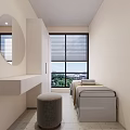 Spa Room With Massage Beds Round Mirror And Green View