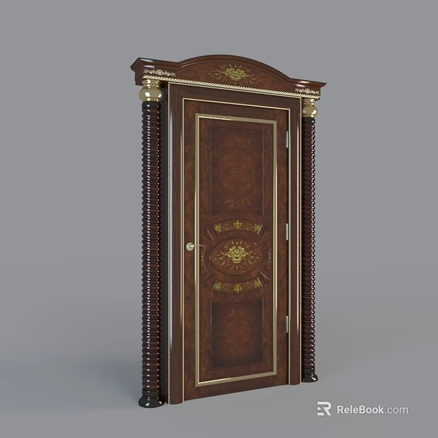 Classic Dark Wooden Swing Door Featuring Gold Accents And Ornate Carved Patterns 3d model 
