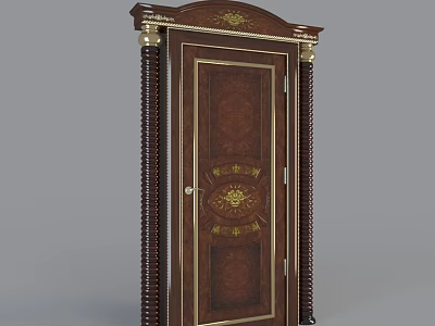 Classic Dark Wooden Swing Door Featuring Gold Accents And Ornate Carved Patterns 3d model