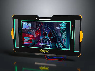 Cyberpunk Style Electronic Tablet with Yellow and Black Frame Neon Display Blue Lighting and Cables 3d model