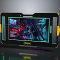 Cyberpunk Style Electronic Tablet with Yellow and Black Frame Neon Display Blue Lighting and Cables