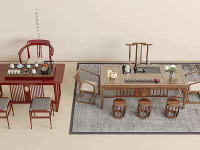 Traditional Tea Table And Chairs Set With Tea Sets On Woven Rug And Decorative Items 3d model