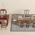 Traditional Tea Table And Chairs Set With Tea Sets On Woven Rug And Decorative Items