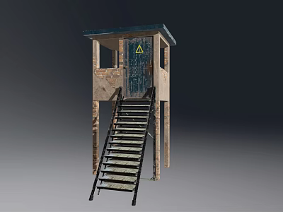 Guard Tower With Metal Stairs Blue Door Yellow Warning Sign And Concrete Walls 3d model