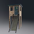 Guard Tower With Metal Stairs Blue Door Yellow Warning Sign And Concrete Walls