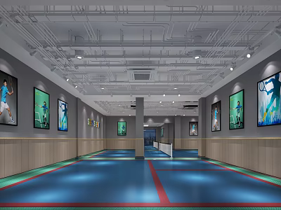 Indoor Sports Fitness Gym With Blue Red Sports Floor And Wall Murals 3d model