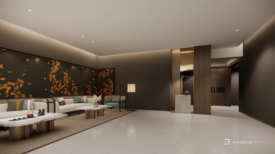 Modern Elegant Teahouse Interior With Orange Floral Wall Sofa Coffee Tables Floor Lamp Wooden Partition 3d model 