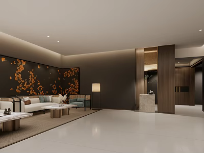 Modern Elegant Teahouse Interior With Orange Floral Wall Sofa Coffee Tables Floor Lamp Wooden Partition 3d model