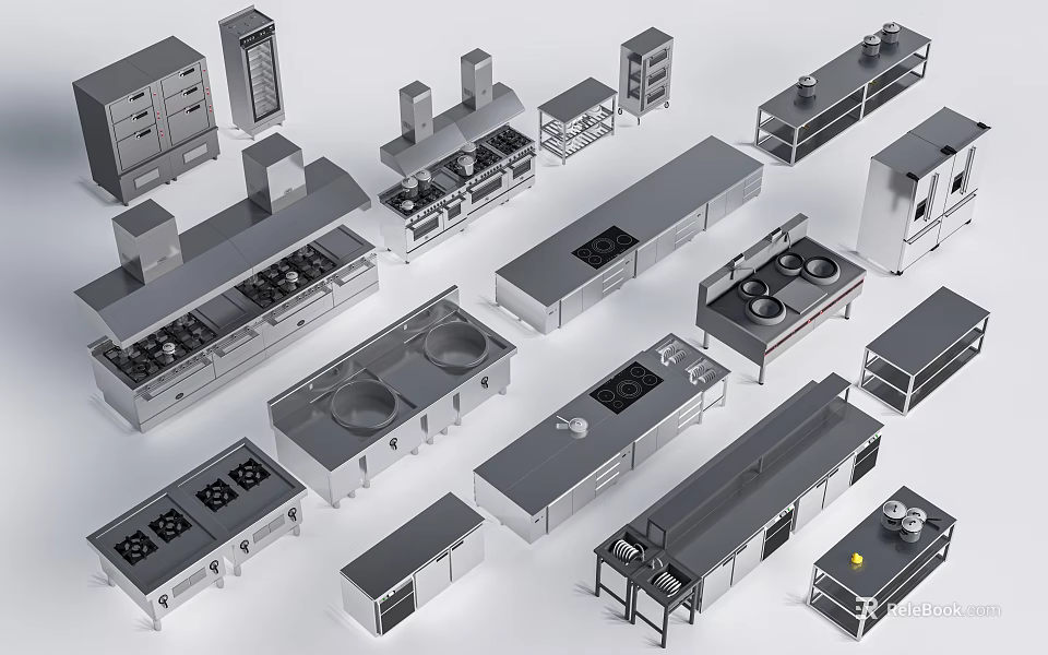 Stainless Steel Kitchen Equipment Collection Featuring Cooking Stoves Sinks Cabinets Islands And Shelves 3d model 