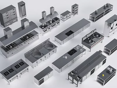 Stainless Steel Kitchen Equipment Collection Featuring Cooking Stoves Sinks Cabinets Islands And Shelves 3d model