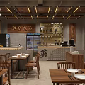 Modern Industrial Restaurant Interior With Wooden Tables Bar Counter Chinese Decor And Pendant Lights