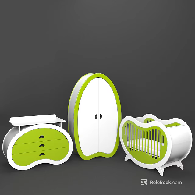 Modern White and Green Baby Crib With Wardrobe And Drawer Chest For Kids Room 3d model 