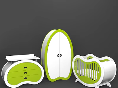 Modern White and Green Baby Crib With Wardrobe And Drawer Chest For Kids Room 3d model