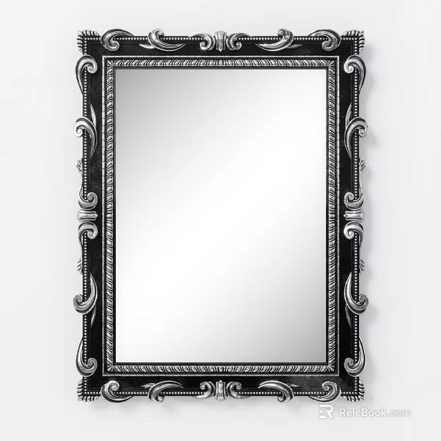 Ornate Black And Silver Framed Mirror With Decorative Carvings On Edges 3d model 