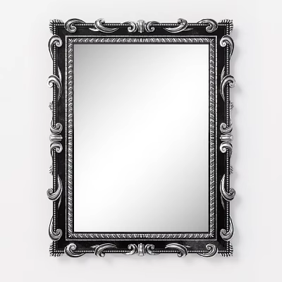 Ornate Black And Silver Framed Mirror With Decorative Carvings On Edges 3d model
