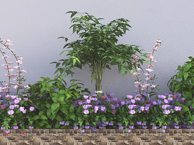Green Shrubs With Purple Pink Flowers And Green Leaves In Garden Landscape Against Wall 3d model