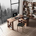 Modern Wooden Desk In Home Office With Computer Bookshelf Floor Lamp And Trees Outside Window