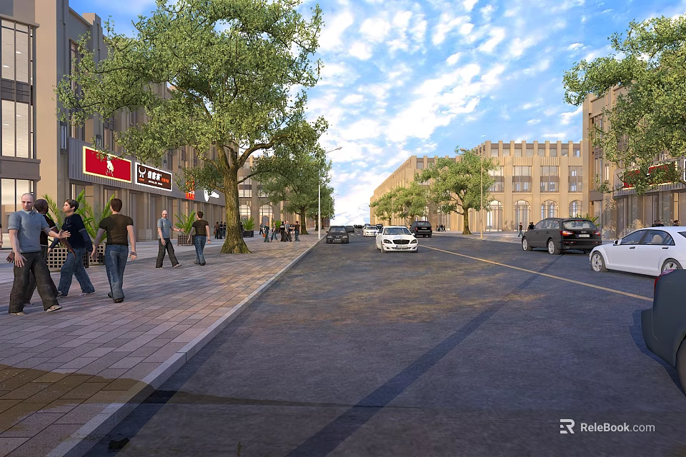 Bustling Commercial Street With Pedestrians Walking Cars Driving Trees And Buildings 3d model 