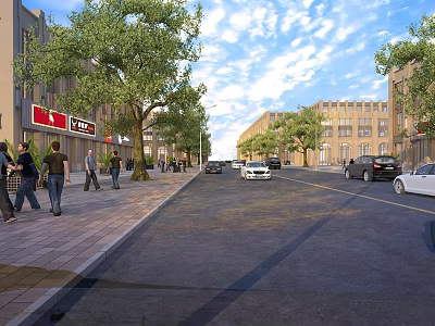 Bustling Commercial Street With Pedestrians Walking Cars Driving Trees And Buildings 3d model