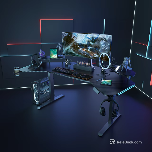 Gaming Desk Setup With Multiple Monitors RGB Lighting Keyboard Mouse Headphones And Gaming Accessories 3d model 