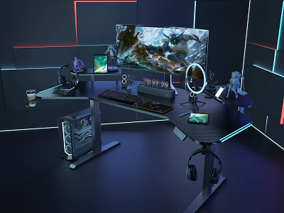 Gaming Desk Setup With Multiple Monitors RGB Lighting Keyboard Mouse Headphones And Gaming Accessories 3d model
