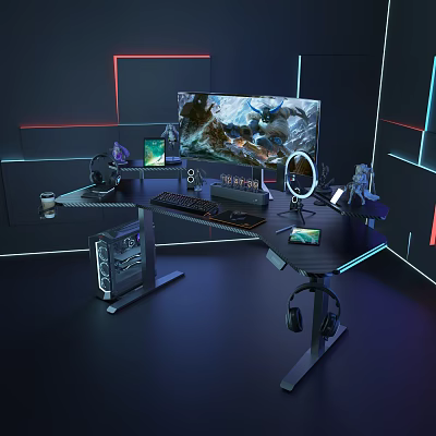 Gaming Desk Setup With Multiple Monitors RGB Lighting Keyboard Mouse Headphones And Gaming Accessories 3d model