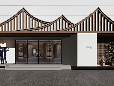 Modern Storefront with Wavy Wooden Lattice Roof Glass Doors and LUXE Sign 3d model