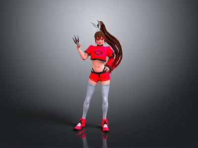 Woman In Red Outfit Long Hair Rabbit Ears Headpiece Gray Thigh High Socks Red Shoes 3d model