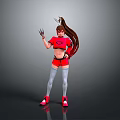 Woman In Red Outfit Long Hair Rabbit Ears Headpiece Gray Thigh High Socks Red Shoes