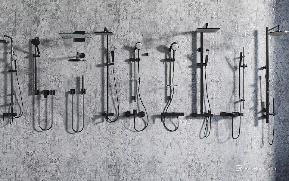 Various Wall Mounted Shower Systems with Modern Designs and Multiple Fixtures 3d model