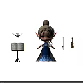 Cute Cartoon Elf Girl In Blue Dress With Music Stand Violin Musical Notes And Bird
