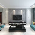 Modern Dining Room Interior With Light Blue Chairs Dark Table Chandelier And Geometric Tiles