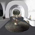 Curved White Interior Space Featuring Large Windows Natural Landscape Furniture And Fireplace