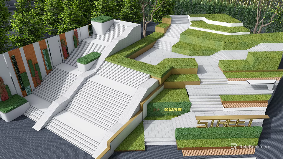 Modern Commercial Landscape Design With Geometric Steps Greenery Lawn And White Structures 3d model 