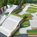 Modern Commercial Landscape Design With Geometric Steps Greenery Lawn And White Structures