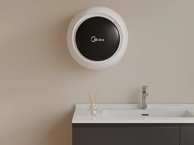 Bathroom Interior With Gobo Round Hand Dryer Sink Faucet And Aromatic Bottle 3d model